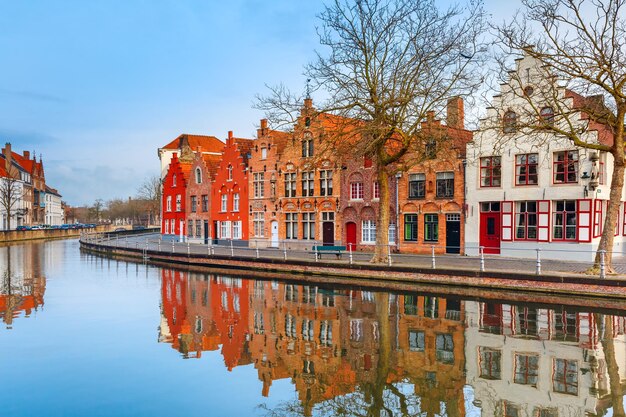 City view of Bruges canal with beautiful houses