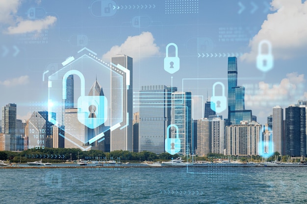 일리노이주 미국 일리노이주 낮 시간에 미시간 호수 항구 너머 시카고 스카이라인 파노라마의 시내 고층 빌딩이 보이는 도시 전망은 회사 기밀 정보를 보호하기 위한 사이버 보안 개념입니다.