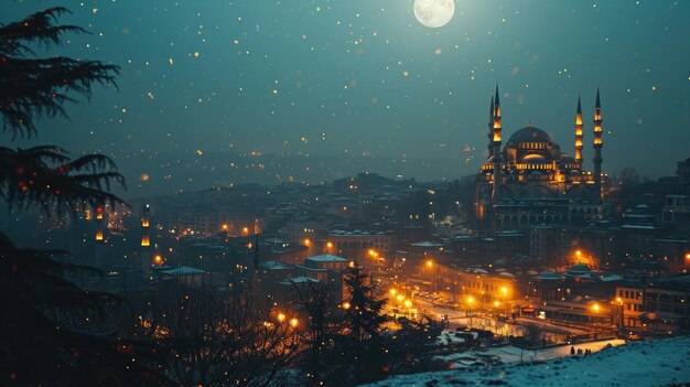 City view at night with beautiful mosque building under the moon ramadhan night