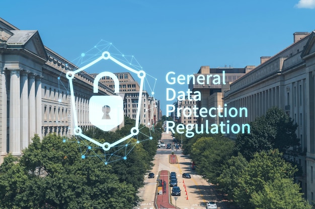 사진 워싱턴 dc usa의 상징적인 건물의 도시 전망 미국 gdpr 홀로그램 개념의 모든 개인을 위한 데이터 보호 규정 및 개인 정보의 정치적 핵심 센터
