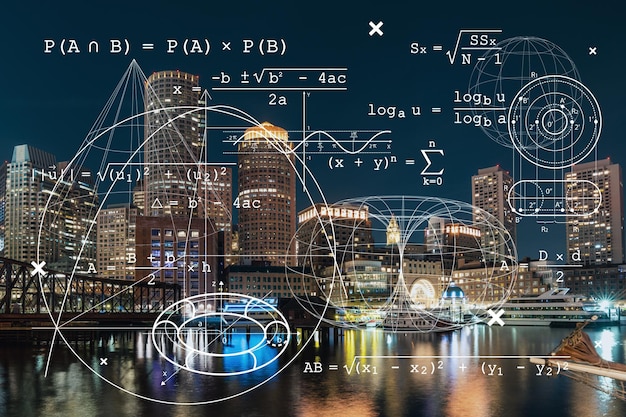 City view panorama of boston harbour and seaport blvd at night
time massachusetts building exteriors of financial downtown
education concept academic research top ranking universities
hologram