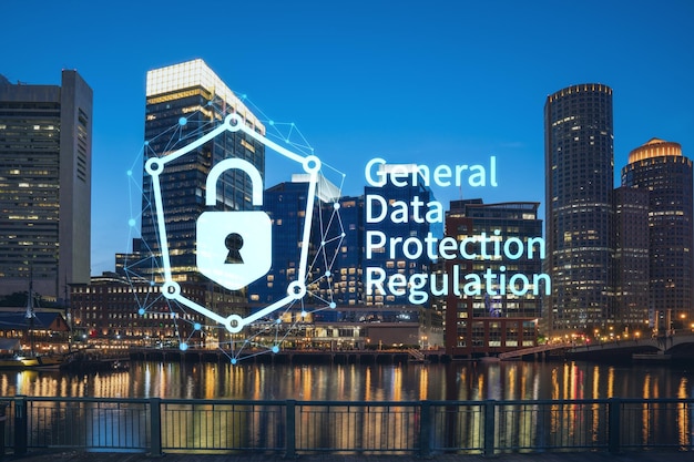 夜のマサチューセッツ州のボストン ハーバーとシーポート ブルバードのシティー ビュー パノラマ 金融ダウンタウン GDPR ホログラムの建物の外観は、すべての個人のデータ保護規則のプライバシーです。