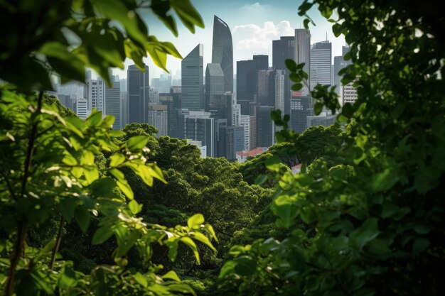 Foto la vista della città vista attraverso le foglie verdi lussureggianti nella foresta ispira idee di riposo e rilassamento