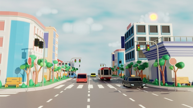 City view with Vehicle driving Along Road, Modern Buildings on Sunny Scene.