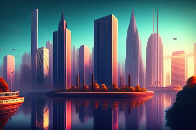 Город в ретро-фоне игры виртуальной реальности