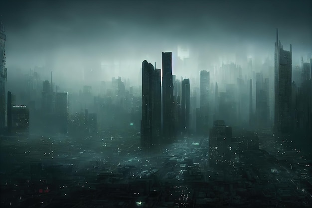 City wallpaper Dystopian futuristic cyberpunk city at night 3d rendering Raster illustration