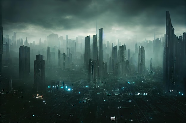 City wallpaper Dystopian futuristic cyberpunk city at night 3d rendering Raster illustration