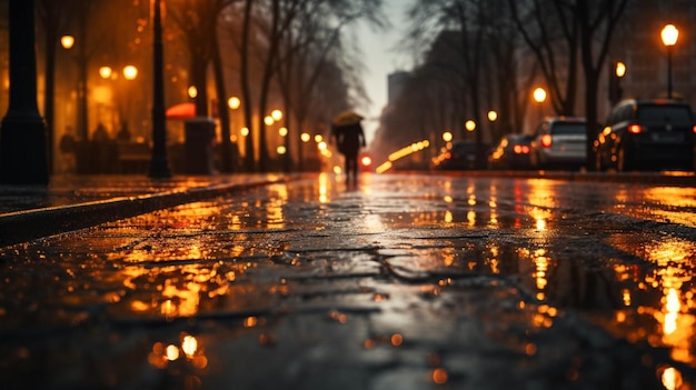 Мокрые улицы города, размытый фон