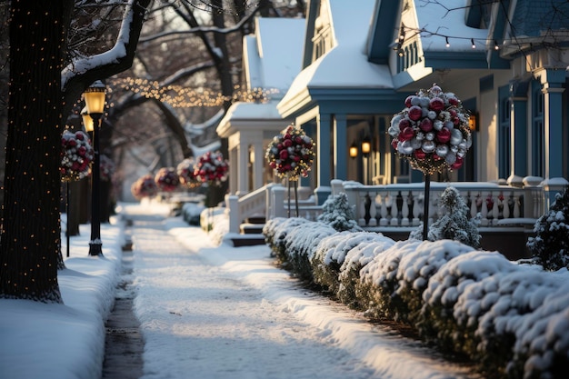 写真 クリスマスに輝く花束とランタンで飾られた冬の雪の街