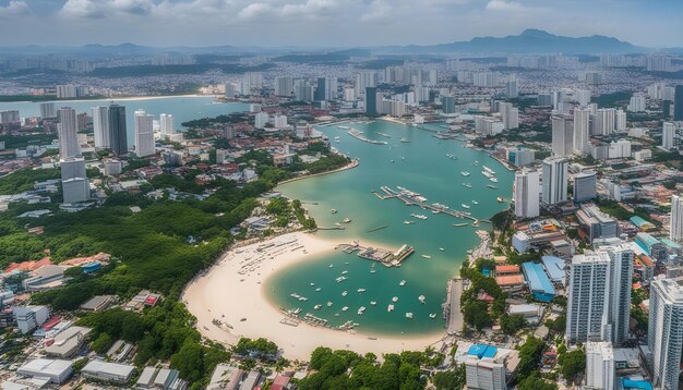 a city with a beach and a beach with a few boats in the water