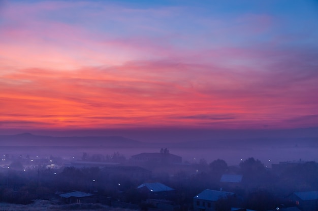 City with beautiful color sunset background