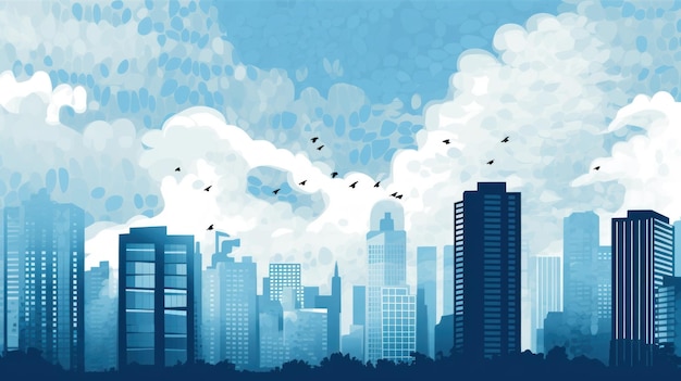 a city with birds flying above the city.