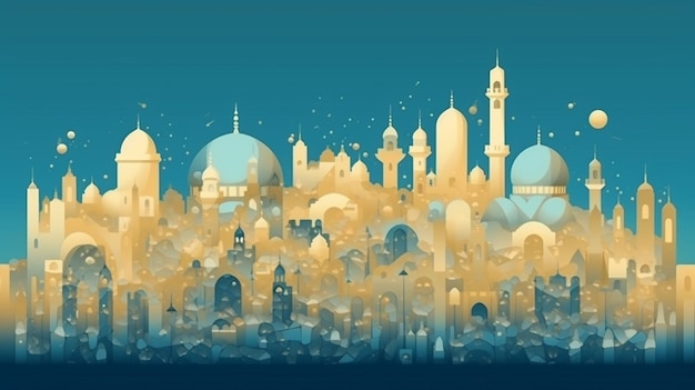 A city with a blue background and a mosque in gold and blue.