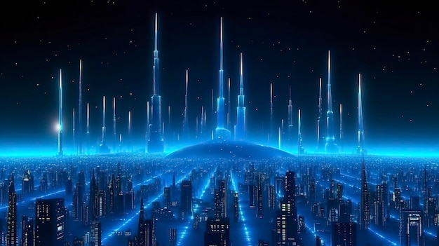 A city with a blue light that says'city of dreams '