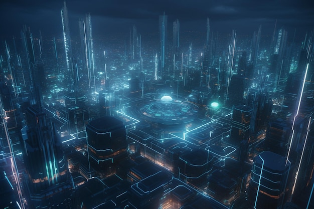 A city with a blue light that says'cyberpunk '