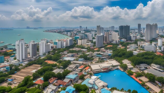 a city with a blue pool and a city in the background