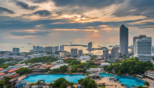 Photo a city with a blue pool and a city in the background