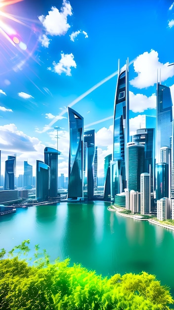 A city with a blue sky and a building with a green roof