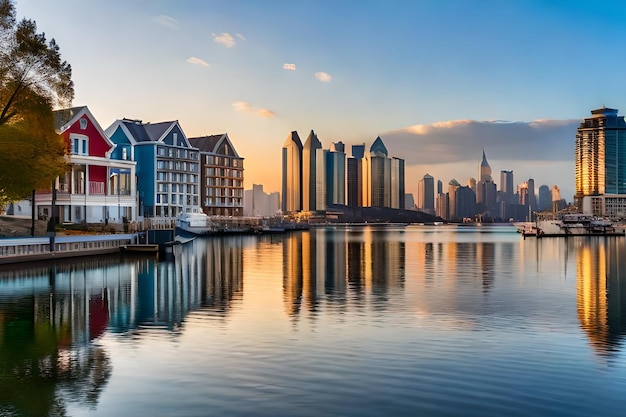 a city with a boat in the water