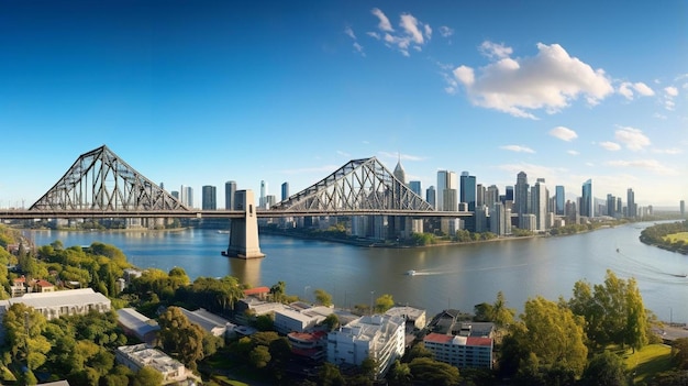 a city with a bridge and a city in the background