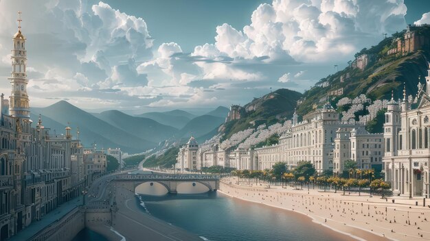 A city with a bridge in the foreground and a city in the background.