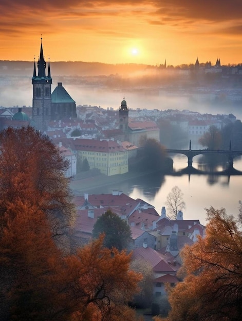 a city with a bridge over it and a river with a bridge in the background.