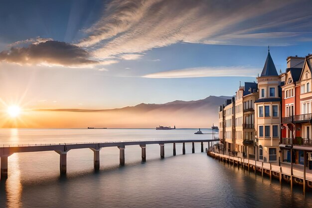 A city with a bridge and a ship in the background