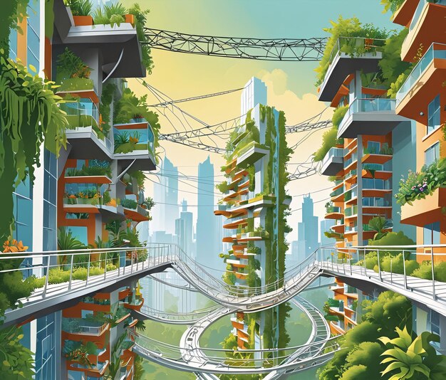 a city with a bridge and trees