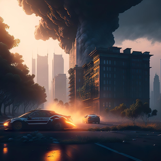 Город с горящим зданием и машиной на переднем плане