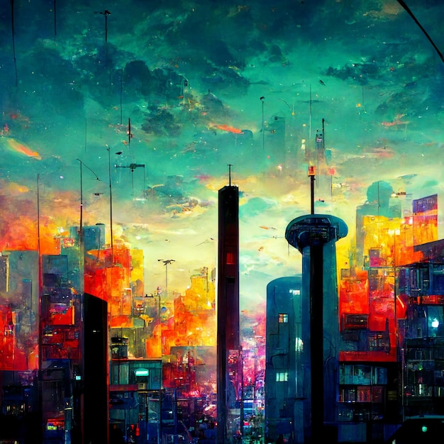 A city with a burning city and a cityscape with a fire in the sky.