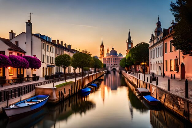 A city with a canal and boats on the water