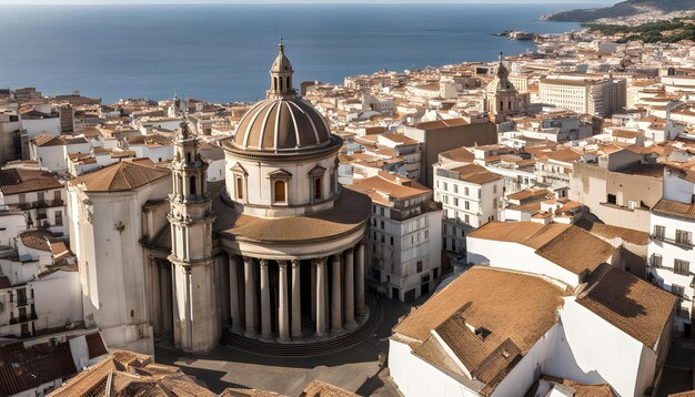 a city with a church and a large body of water