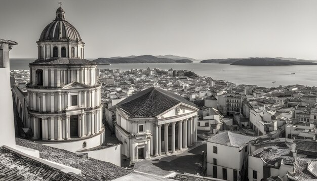 a city with a church on the top of it and a city in the background