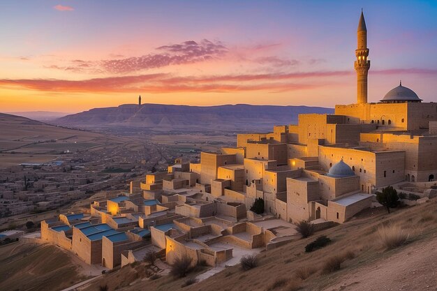 Photo a city with a clock tower and a mosque in the background