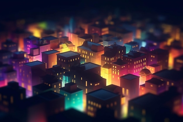 A city with colorful lights and a cityscape