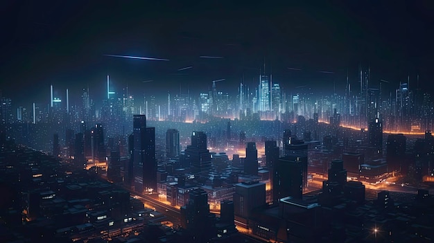 A city with a dark cityscape and the lights on.