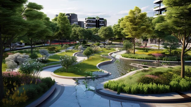 Photo a city with a fountain and a park with a bench and trees