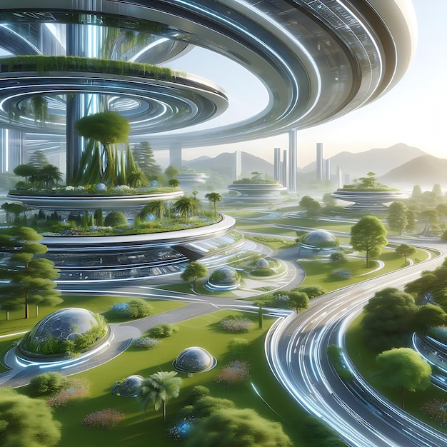 a city with a futuristic building and a spiral shaped structure