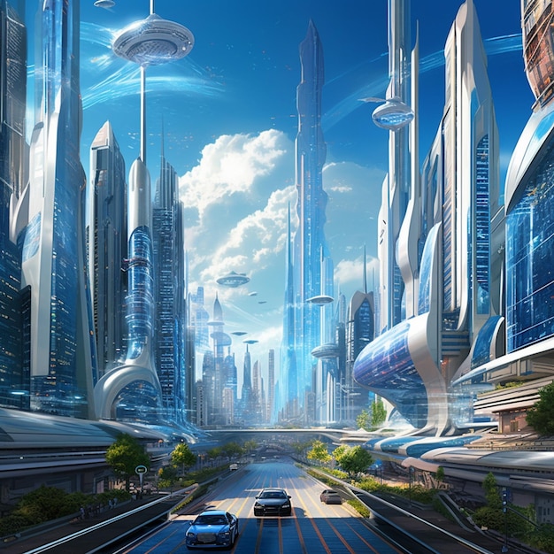 A city with a futuristic city and a blue car on the road.