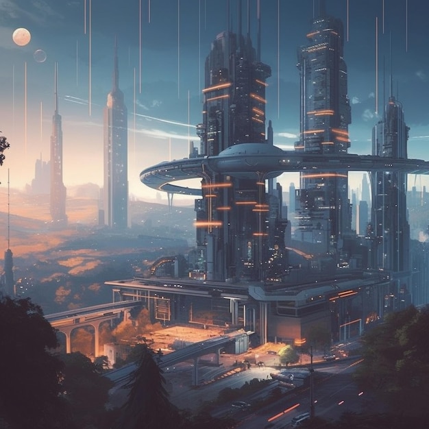 A city with a futuristic structure and a city in the background.