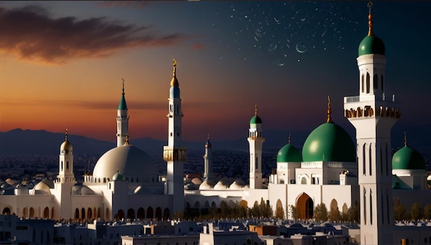 a city with a green dome and a green dome with a clock on it