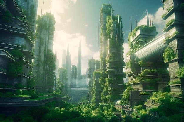 A city with a green forest and the word city