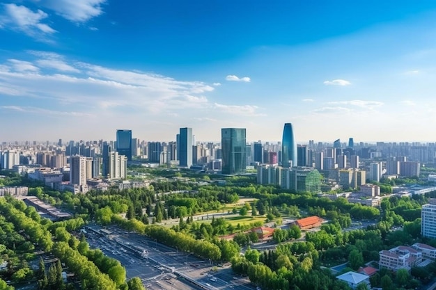 Photo a city with a green park and a blue sky with a few clouds