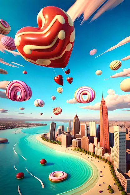 A city with a hot air balloon in the sky