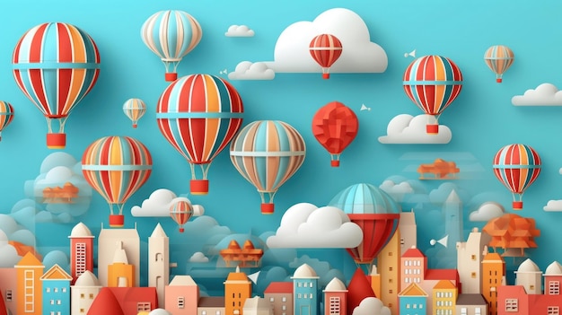 a city with hot air balloons in the sky.