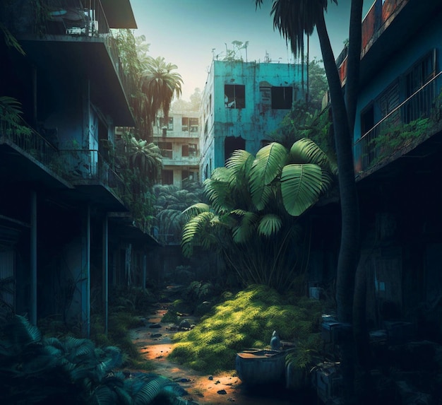 A city with a jungle in the background