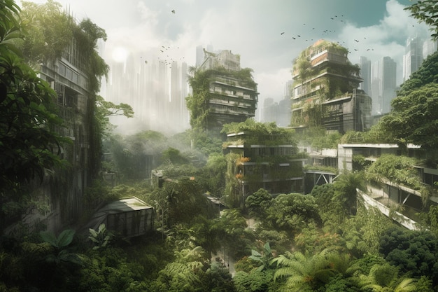 A city with a jungle on the top