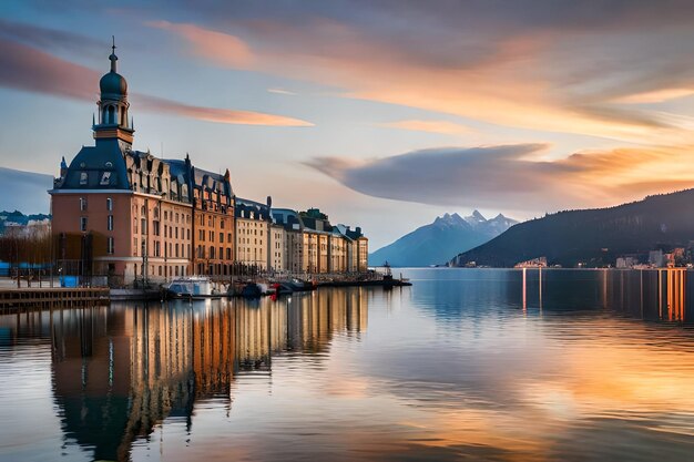 a city with a lake in the background