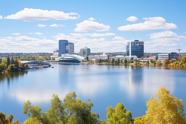 Photo a city with a lake and a city in the background