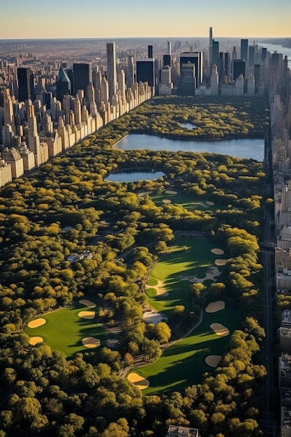 Photo a city with a lake and trees in the background